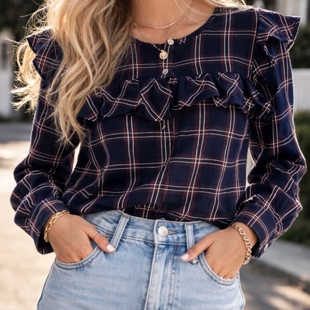 Madewell Berkshire Plaid Ruffle Yoke Blouse Top XS